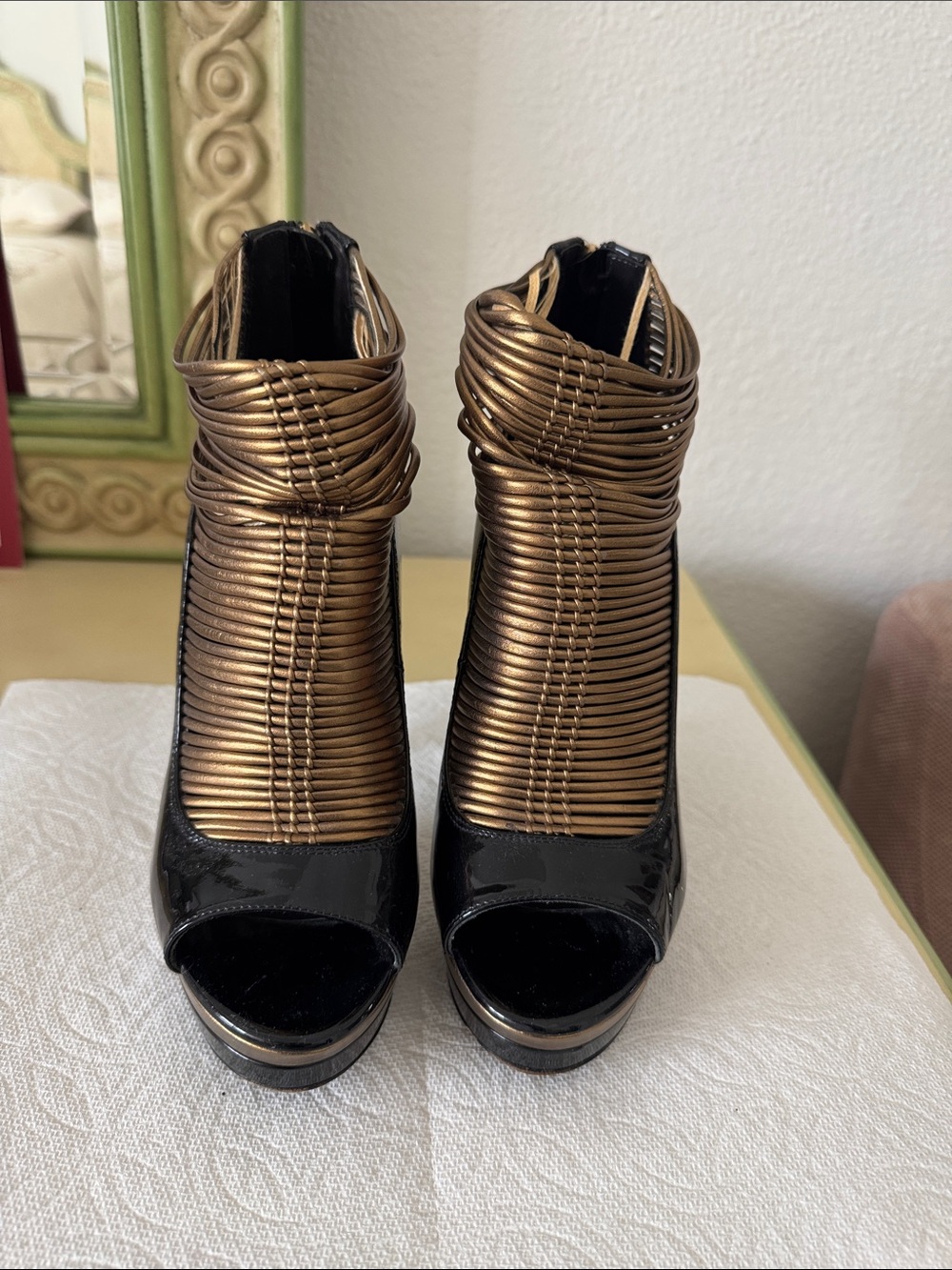 Versace Black Patent and Metallic Gold Wrapped Open-Toe Ankle Booties